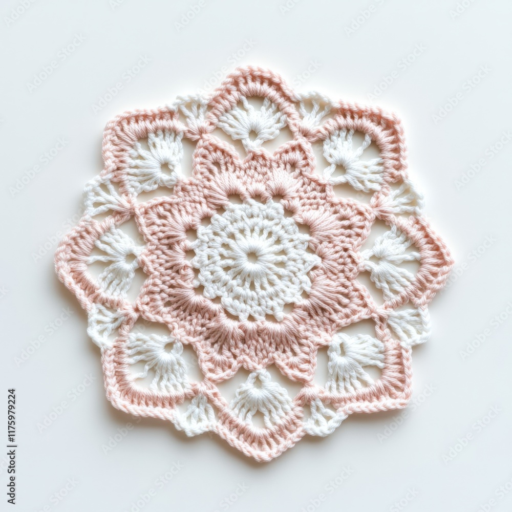 Intricate Handmade Crochet Doily in Soft Pink and White on Plain Background Intricate Handmade Crochet Doily in Soft Pink and White on Plain Background