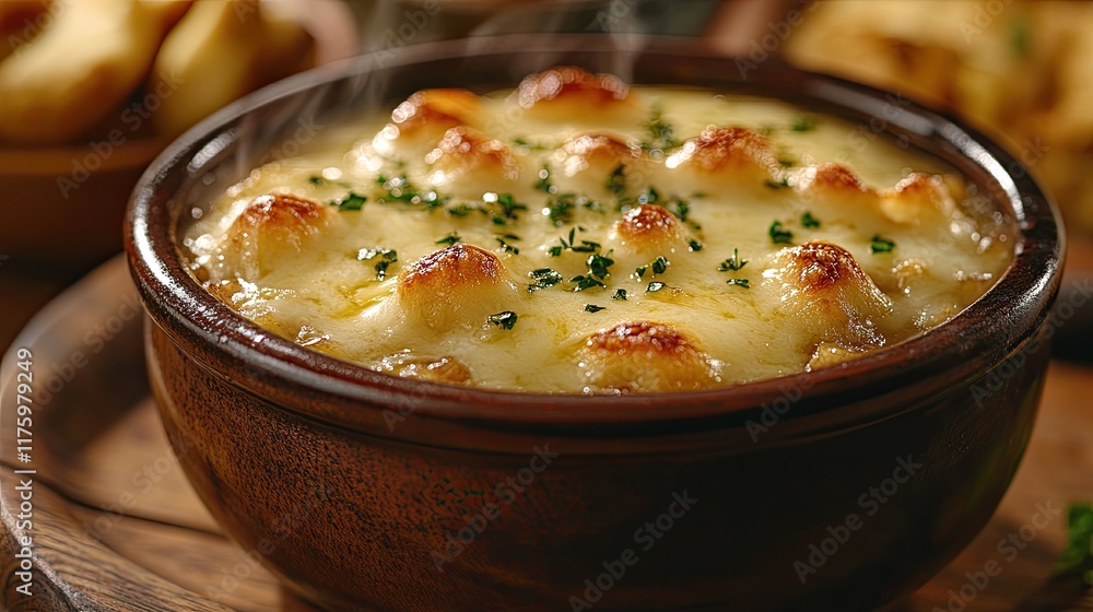 Steaming French Onion Soup with Melted Cheese Steaming French Onion Soup with Melted Cheese