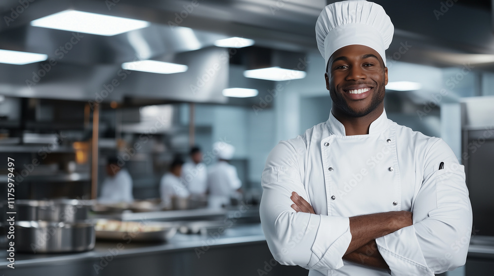 A joyful African American chef in a pristine white apron and cap, standing confidently in a bustling commercial kitchen with stainless steel counters in the background. A joyful African American chef in a pristine white apron and cap, standing confidently in a bustling commercial kitchen with stainless steel counters in the background.