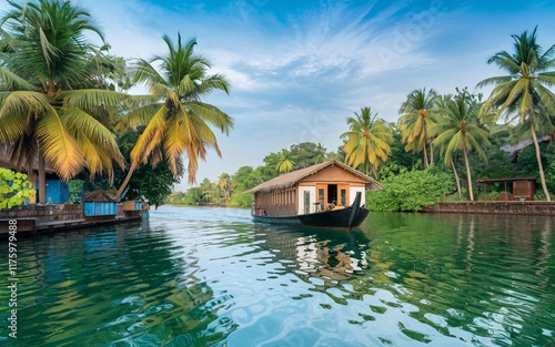 Kerala Backwaters, Houseboat on calm backwater, surrounded by lush tropical vegetation and palm trees. photo