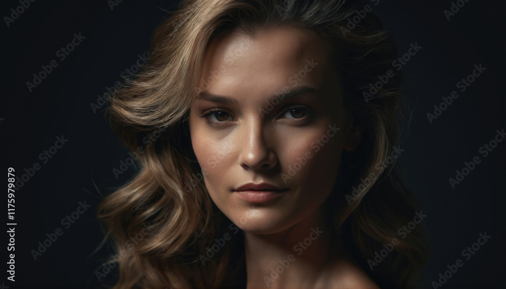 Elegant portrait of a woman with flowing hair in dramatic lighting showcasing beauty and confidence Elegant portrait of a woman with flowing hair in dramatic lighting showcasing beauty and confidence