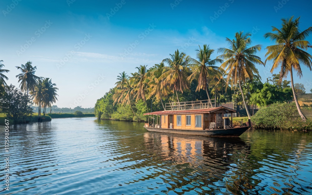 Fototapeta premium Kerala Backwaters, Houseboat on calm backwater, palm trees, sunrise.