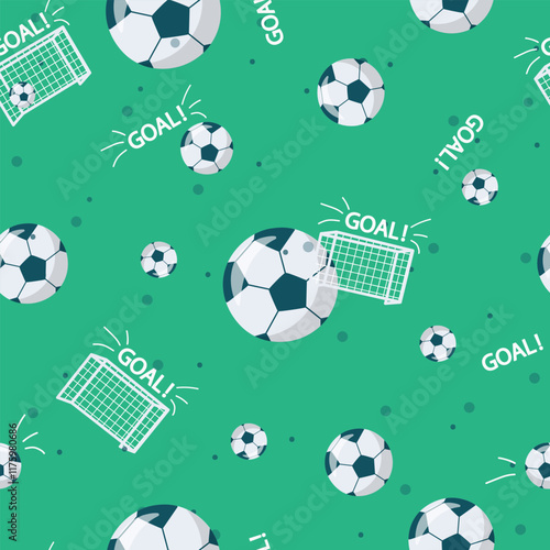 Sport themed seamless pattern with footballs, nets, goal on green background. Vector illustration for fabrics, wrapping paper, school supplies.