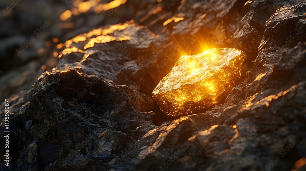 Glimmering Gold Nugget Bursting from Cracked Rock with Radiant Light Effects Glimmering Gold Nugget Bursting from Cracked Rock with Radiant Light Effects