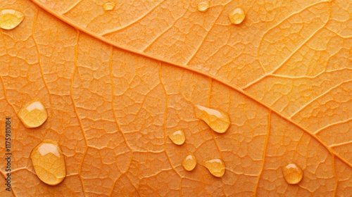 Close up macro photograph showcasing intricate details of an orange leaf with glistening water droplets. Capturing the beauty of nature's textures and the interplay of light and shadow after rainfall