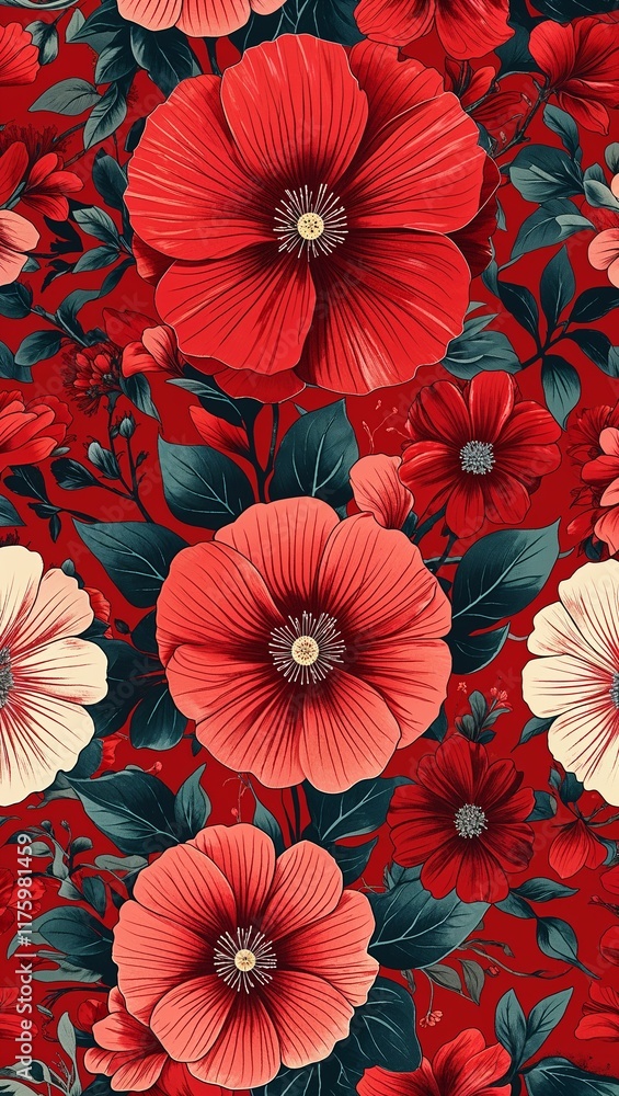 Large red floral shapes with delicate petal details for a vintage feel on a red pattern background Large red floral shapes with delicate petal details for a vintage feel on a red pattern background