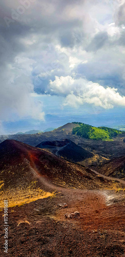 Paesaggio vulcanico del Monte Etna con crateri e terreno lavico sotto un cielo drammatico. La vegetazione verde contrasta con il terreno scuro, creando un'atmosfera unica e suggestiva. photo