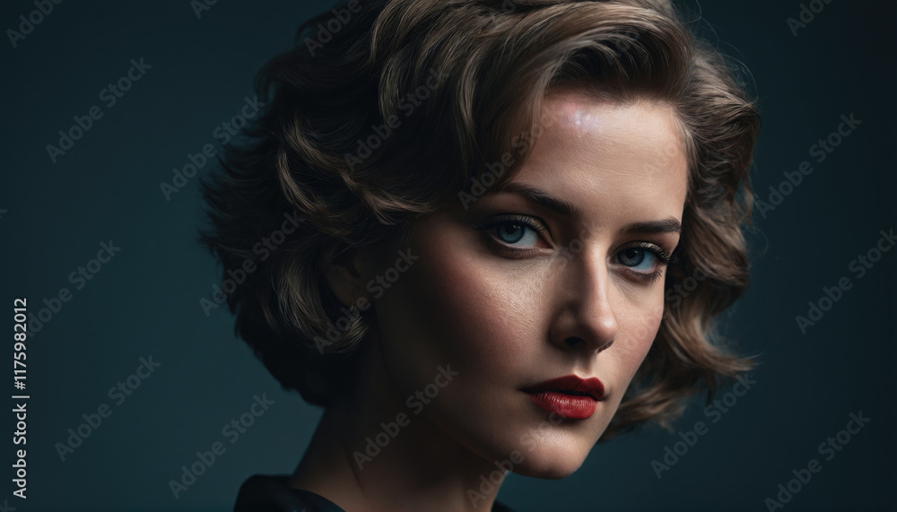 Fototapeta premium Portrait of a woman with short wavy hair and striking features posing against a dark background in a dramatic lighting setup