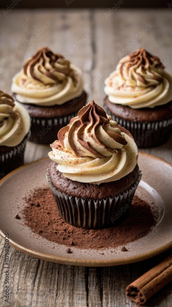 Tiramisu Cupcakes with Mascarpone Cocoa Frosting on Decorative Plate Tiramisu Cupcakes with Mascarpone Cocoa Frosting on Decorative Plate