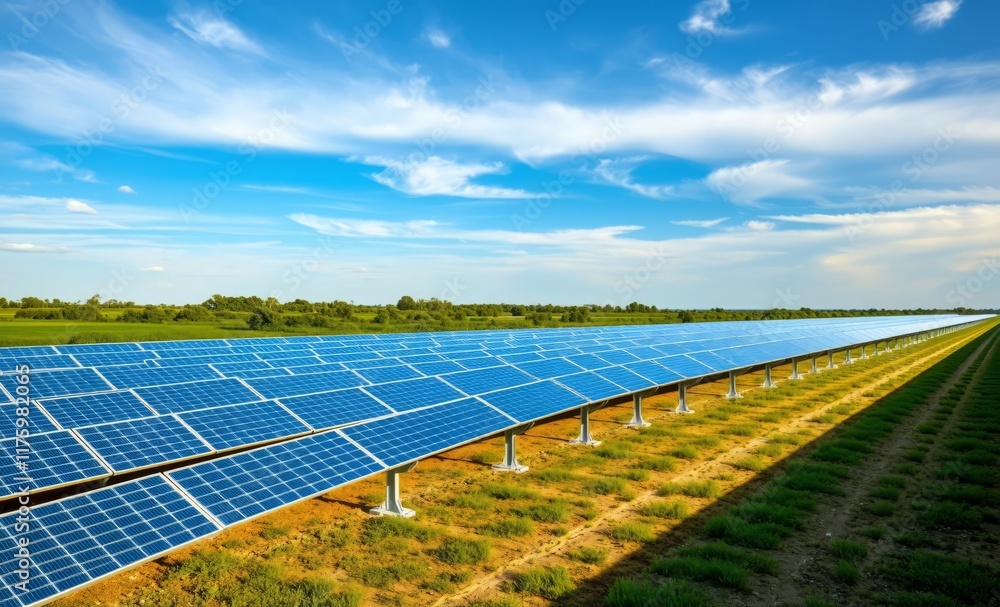 Solar panel array, green field, blue sky, fluffy clouds, renewable energy, industrial landscape, photovoltaic farm, sustainable technology, rural setting, clean power generation, sunlight harvesting, Solar panel array, green field, blue sky, fluffy clouds, renewable energy, industrial landscape, photovoltaic farm, sustainable technology, rural setting, clean power generation, sunlight harvesting,