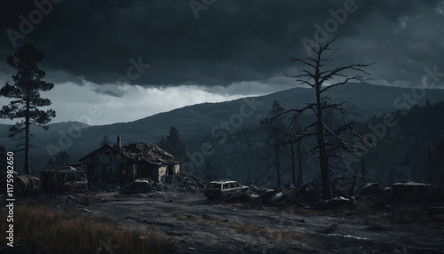 Abandoned house in a desolate landscape under dark storm clouds at dusk photo