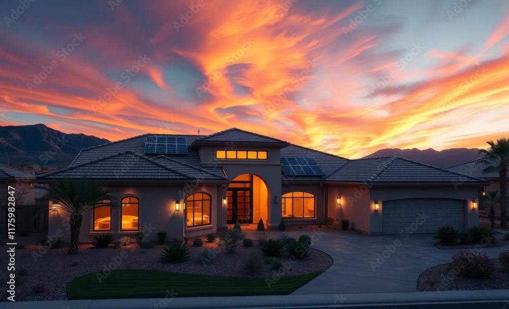Elegant las vegas home at dusk with solar panels glowing in the soft sunset light generative ai innovative solar panel innovation power electricity energy technology panel renewable