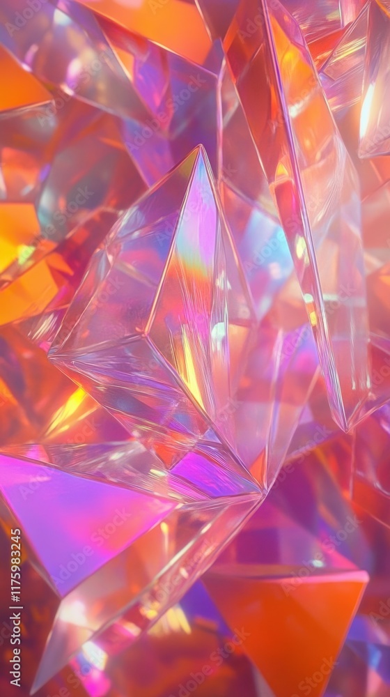 Colorful Abstract Background with Shiny Iridescent Glass Shapes Reflecting Light in Various Tones of Orange, Pink, and Purple for Artistic and Creative Design Colorful Abstract Background with Shiny Iridescent Glass Shapes Reflecting Light in Various Tones of Orange, Pink, and Purple for Artistic and Creative Design