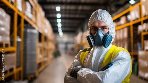 A close-up portrait of a pest control worker in a hazmat suit and respirator, with industrial warehouse equipment and insecticide spray tank blurred in the background. photo