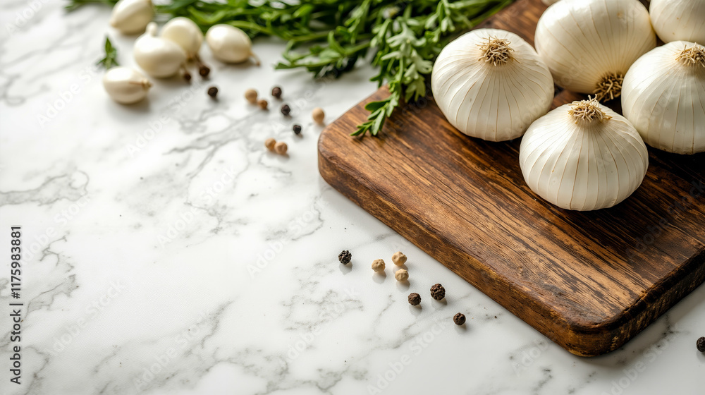 A wooden cutting board topped with garlic and herbs A wooden cutting board topped with garlic and herbs