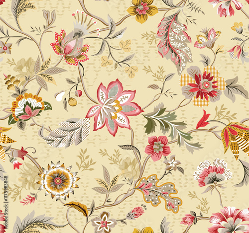 A metallic embossed floral engraving, combined with digital geometric shading, perfect for luxurious wallpapers and refined gift wrap.