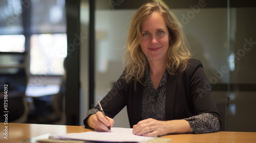 Woman writing at desk in an office environment. photo