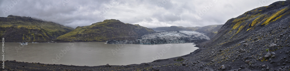 Obraz premium Solheimajokull outlet glacier Summer 2024, South of the icecap Myrdalsjokull Katla Geopark, South Coast of Iceland. Scandinavia, Europe.