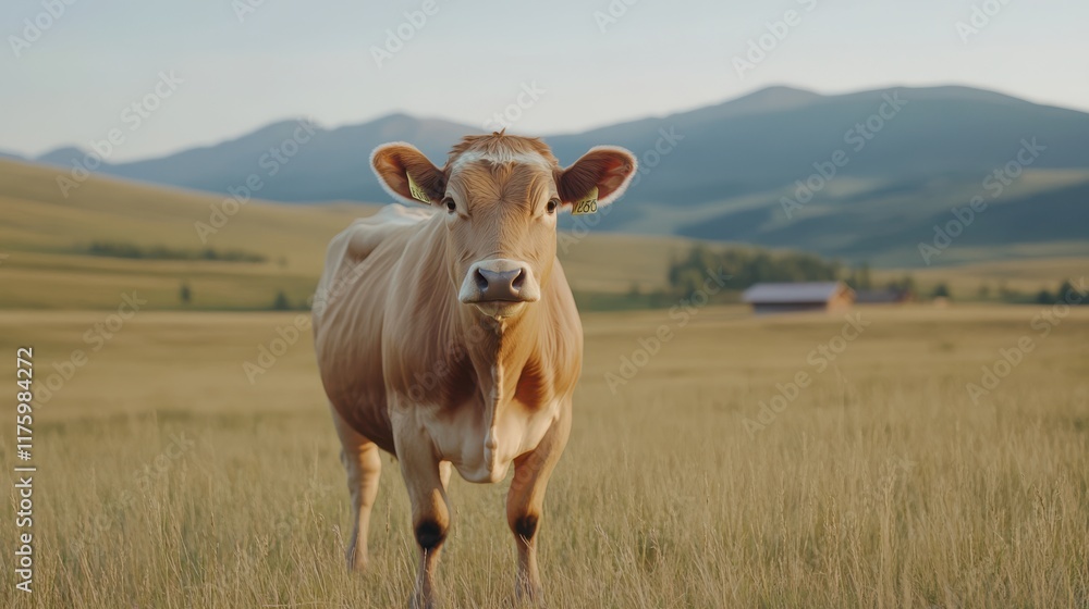 A serene brown cow stands in a vast, golden meadow with rolling hills and mountains in the distance, evoking a sense of peaceful rural life. A serene brown cow stands in a vast, golden meadow with rolling hills and mountains in the distance, evoking a sense of peaceful rural life.