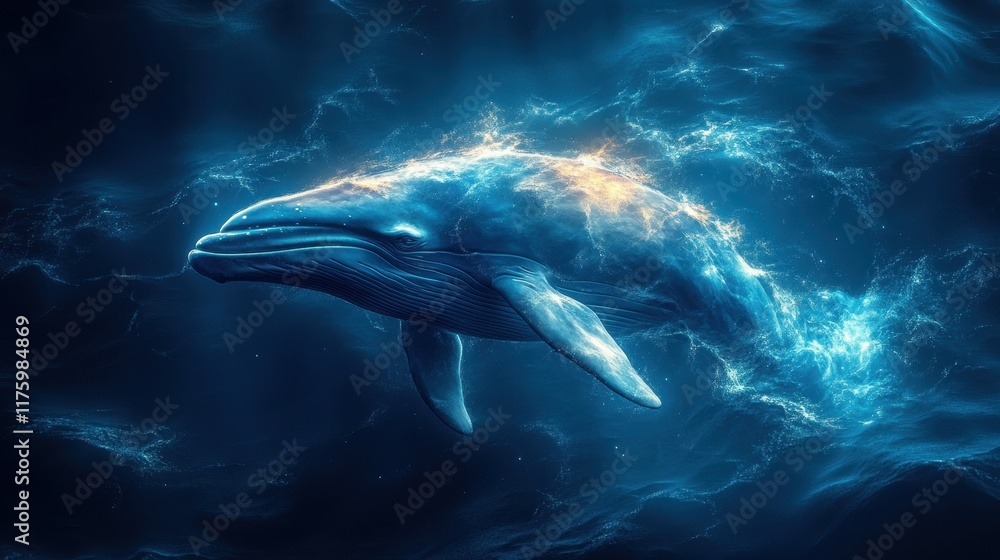 Fototapeta premium Conceptual Art Piece Featuring a Blue Whale Blending Into an Oceanic Dreamscape