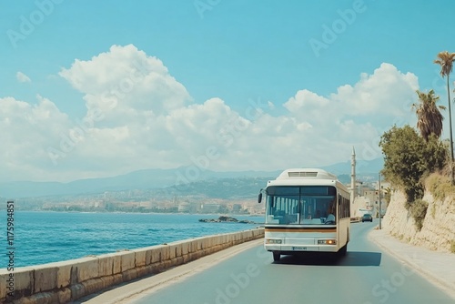 White bus driving on an asphalt road along the mediterranean coast in algiers, algeria, with palm trees, a mosque, the city and mountains in the background under a blue sky with clouds