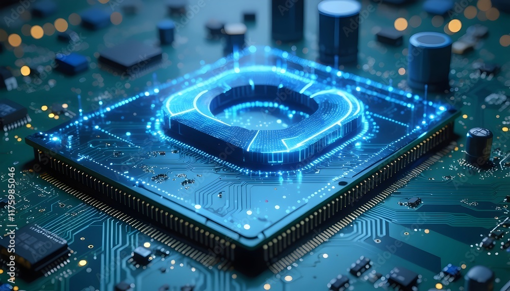 Fototapeta premium Tech Evolution: Glowing Loop on Circuit Board Represents System Completion