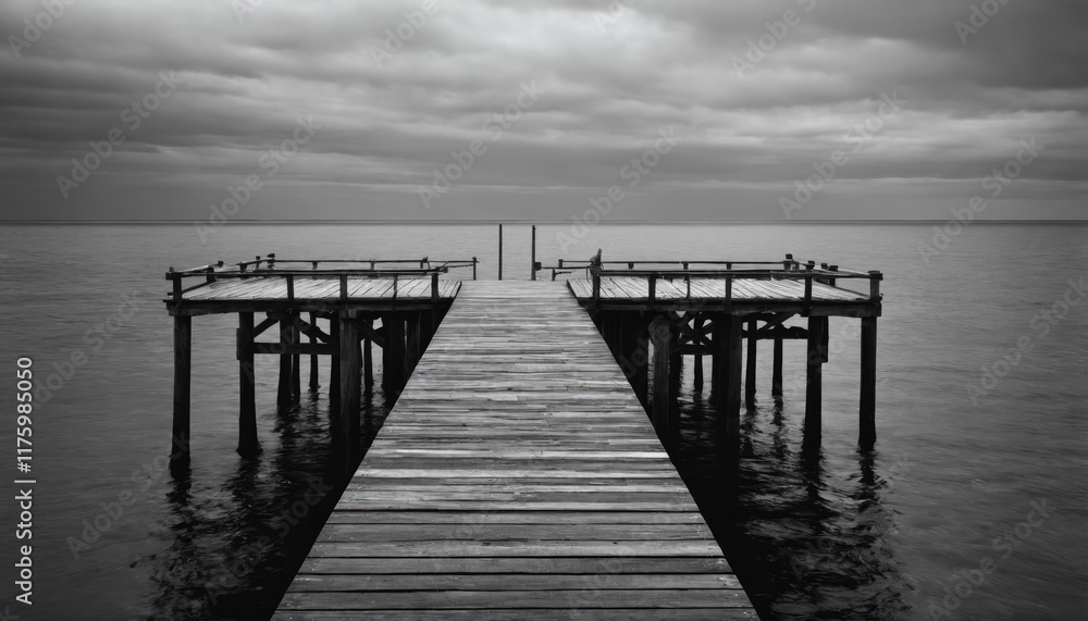 Fototapeta premium Wooden pier stretches over calm waters under a cloudy sky at dusk providing a tranquil scene for reflection