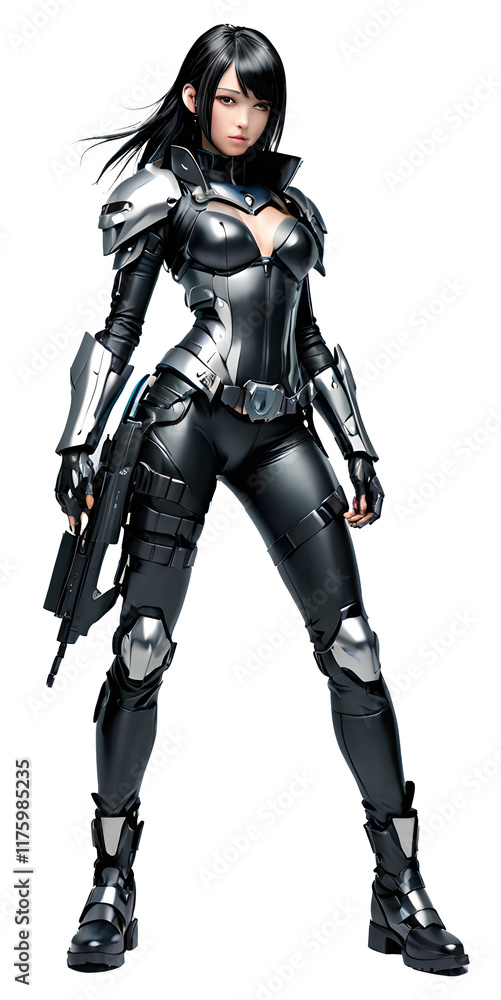 female cyberpunk in manga style robot armor. PNG file. female cyberpunk in manga style robot armor. PNG file.