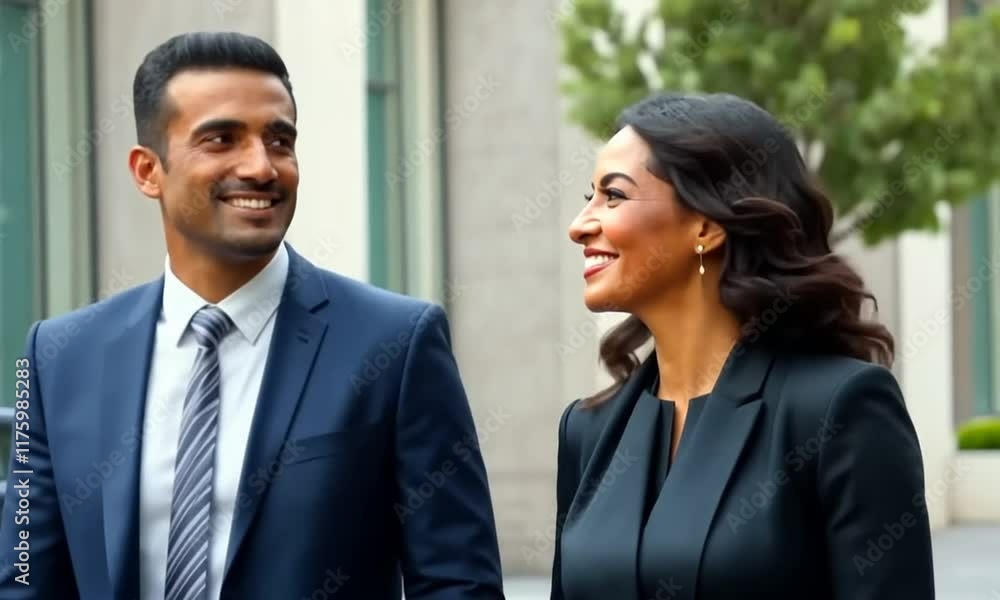 Smiling Business Colleagues Walking Together in City Smiling Business Colleagues Walking Together in City