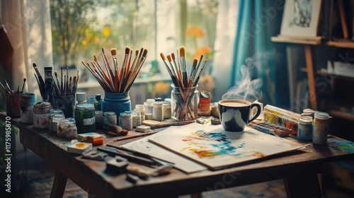 Artist's workspace with coffee and paints.