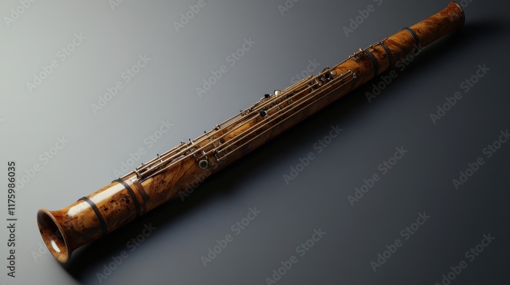 Naklejka premium A contrabassoon, a large double-reed woodwind instrument, lies on a dark gray surface.