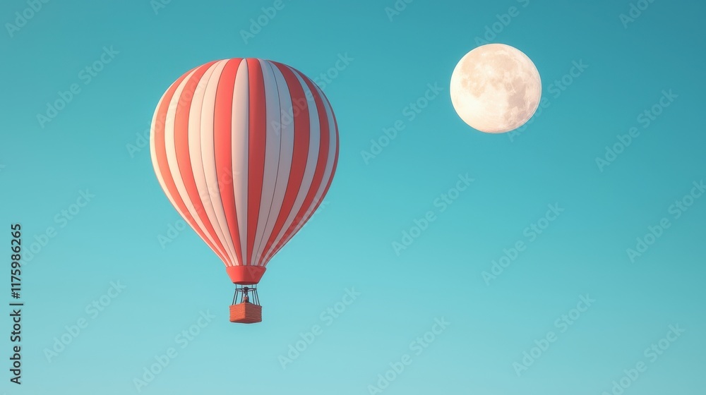 Fototapeta premium A colorful hot air balloon floats serenely against a clear blue sky, accompanied by a bright full moon.