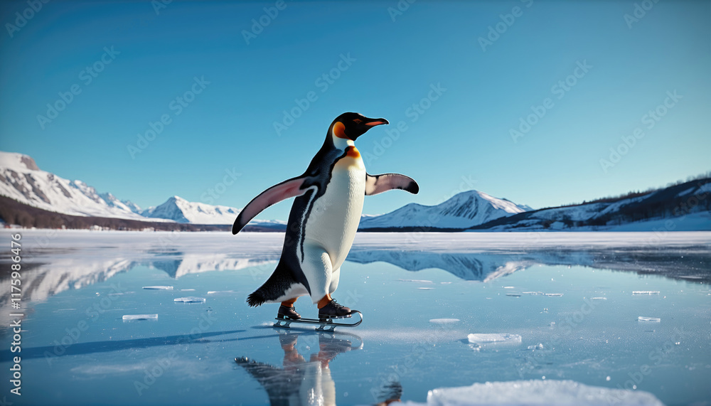 Obraz premium Penguin gliding across icy surface in beautiful mountain landscape during daytime