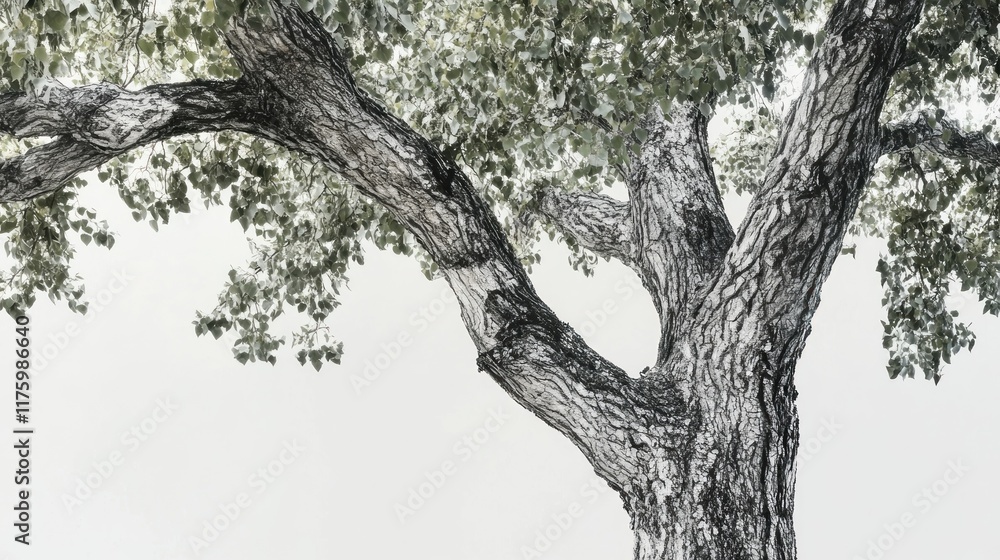 Fototapeta premium A majestic tree with thick, textured bark and lush green leaves against a bright, blurred background.