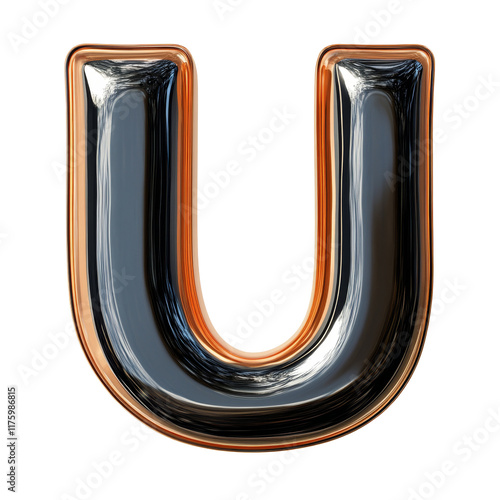 Exploring the letter U in a glossy black and copper design, emphasizing its role in word formation and artistic expression, consonant letter a is used to make words on transparent backgroundfile photo