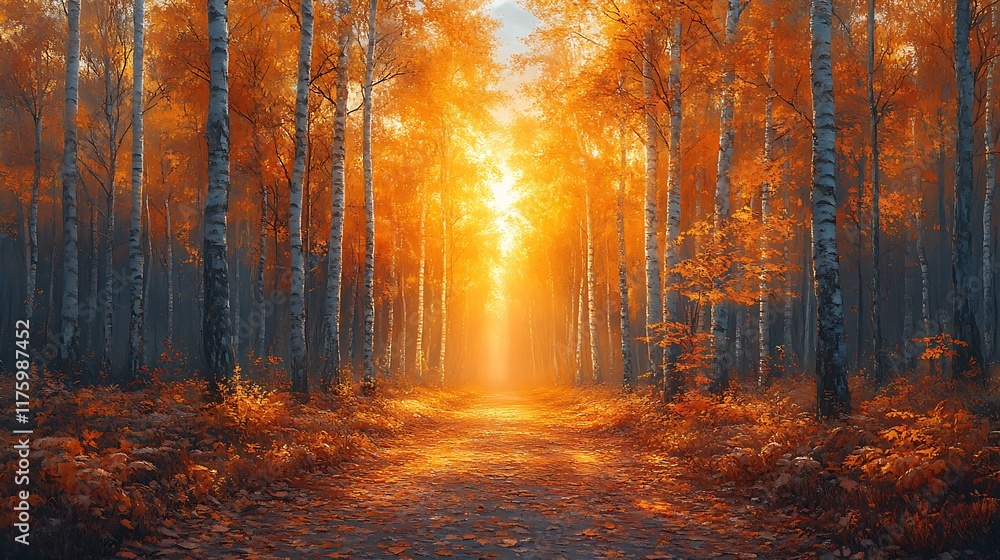 Obraz premium Golden Autumn Path Through Birch Tree Forest