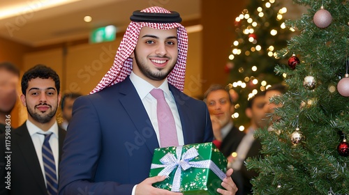 Smiling Man in Traditional Attire Holding a Gift During Festive Season