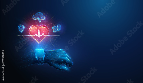 Abstract illustration of low poly health app heart pulse, gps, steps and cloud symbols over smart watshes. Blue geometric background depicting fitness tracking and healthcare concept by wireframe mesh