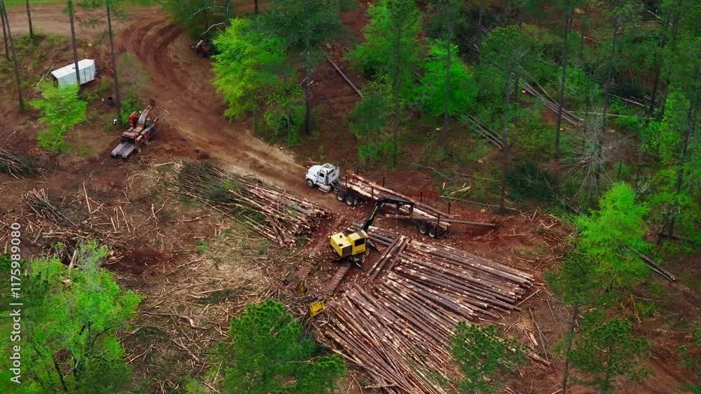 Forest Industry: Aerial Shot of Heavy Machinery Logging Trees in a Georgia Forest Forest Industry: Aerial Shot of Heavy Machinery Logging Trees in a Georgia Forest