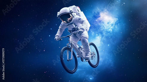 Fototapeta Naklejka Na Ścianę i Meble -  Astronaut riding bicycle in outer space