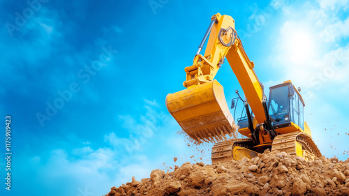 Heavy equipment operating on construction site under clear skies