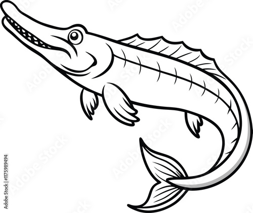 Alligator gar line arts with white background. Hand drawn vector of Alligator Gar fish isolated on white background.