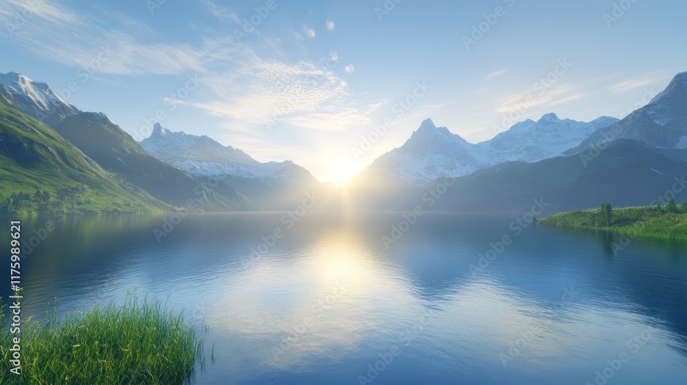 Serene sunrise over a mountain lake reflecting the sun's golden rays. Serene sunrise over a mountain lake reflecting the sun's golden rays.