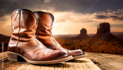 boots, western, wilderness, rocky mountains, sunset, old, vintage, leather, close-up, illustration