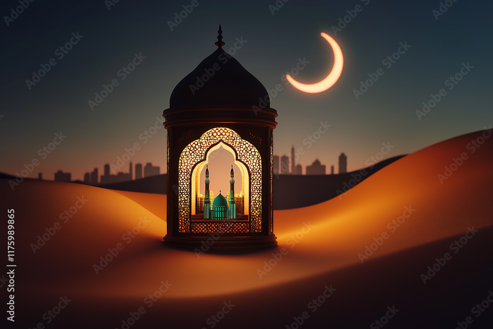 Fototapeta premium Ornate lantern illuminating mosque in desert landscape at night with crescent moon