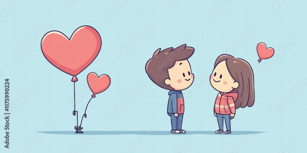Couple in love, heart balloons, pastel background, Valentine's Day card. Couple in love, heart balloons, pastel background, Valentine's Day card.