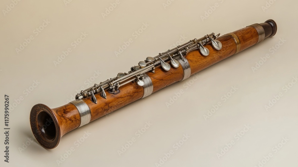 Naklejka premium Antique wooden clarinet with metal keys, isolated on beige background.