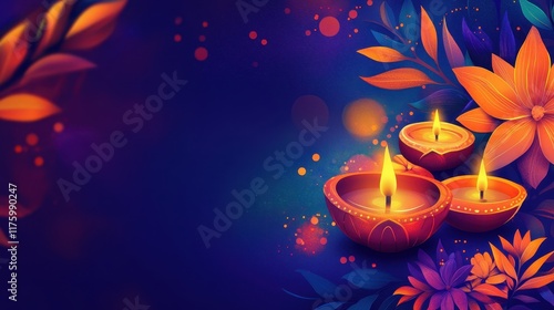 Cheerful Diya oil lamp on a banner with space to add Diwali invitations or festive holiday messages.