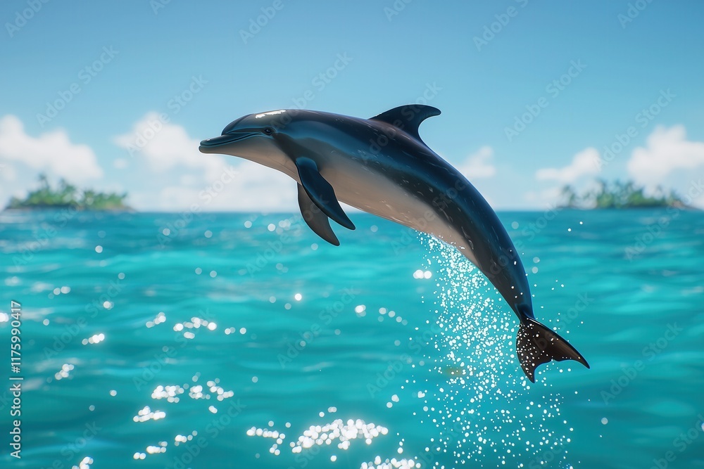 Fototapeta premium Sleek Dolphin Joyfully Leaping from Turquoise Ocean with Sparkling Water Drops and Tropical Islands Under Vivid Blue Sky