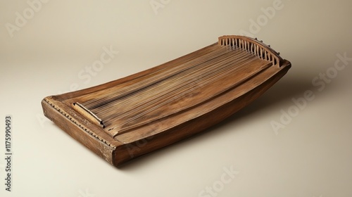 Antique wooden stringed musical instrument,  curved body,  showing detail of strings and bridge. photo